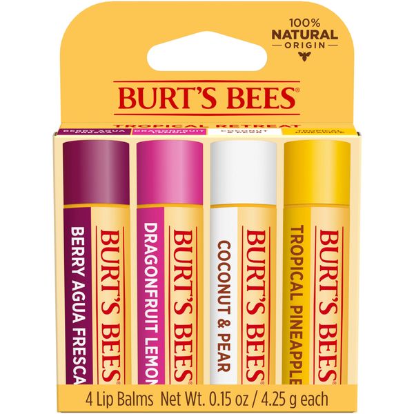 Burt's Bees Lip Balm - Berry Agua Fresca, Dragonfruit Lemon, Coconut & Pear, Tropical Pineapple Pack, With Beeswax, Tint-Free, Natural Origin Lip Treatment, 4 Tubes, 0.15 oz.