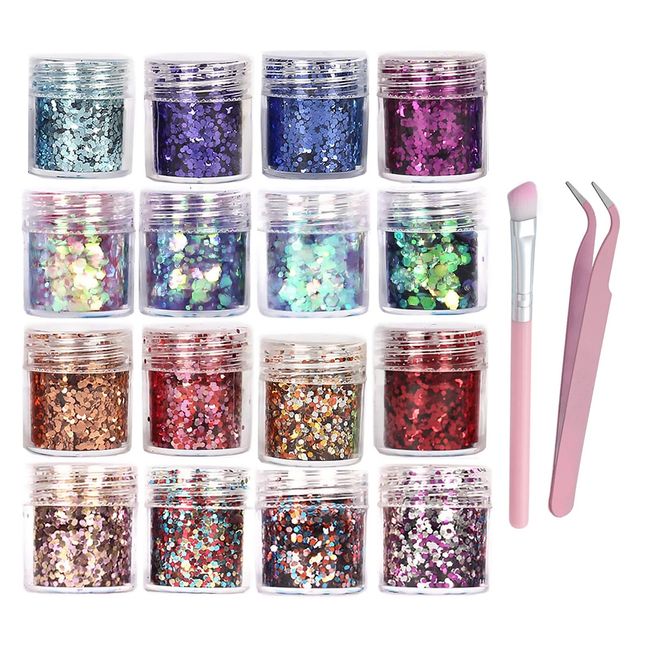 Glitzer Gesicht Chunky, 16 Pcs Glitzerpulver Set Nagel Body Glitter Festival Gesichtsglitzer Face Makeup Deko Pailetten Faschingsschminke Glitter Sequin Eyeshadow Masquerade Augen Lippen Haare