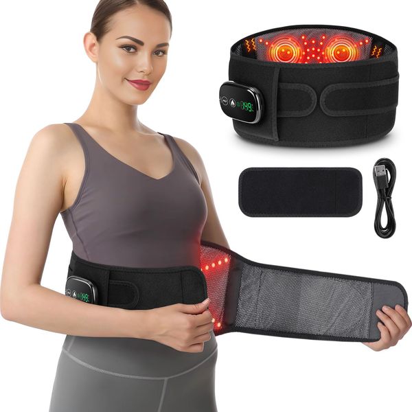 Electric Heating Pad for Waist, Cordless Heated Back Belt Abdomen Warmer Lumbar Support with Exclusive Touch Screen and 3 Heating Massaging Modes, for Lower Back Pain Relief with 5000mAh Battery