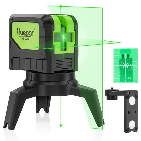 Cross Line Laser Level with 2 Plumb Dots - Huepar M-9211G Green Beam Self Leveling 180-Degree Vertical Line and Horizontal Line with Plumb Points, Multi-Use Self-Leveling Alignment Laser Level