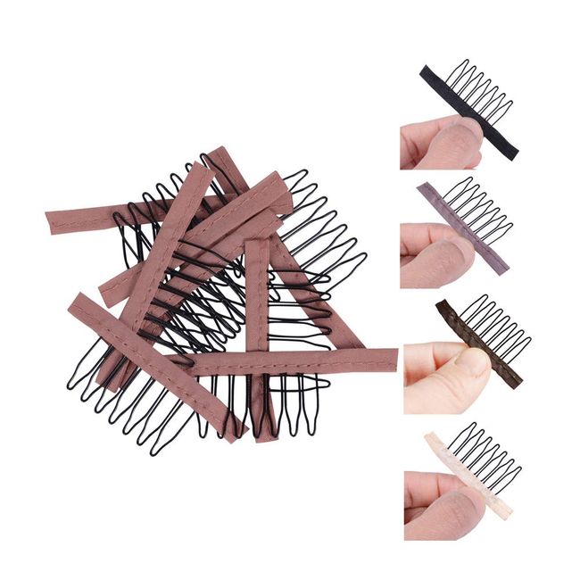 24 pcs/lot Wig Combs for Making Wig Caps 7-teeth Wig Clips with Cloth Wig Combs for Hairpiece Wig Cap Accessories Tools (Light Brown)