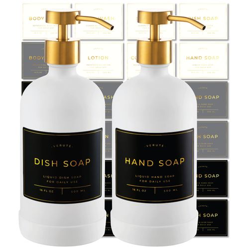 Verute 16oz Glass Soap Dispenser with Stainless Steel Pump, 21 Waterproof Labels, Non-Slip Protective Silicone Pad, Set of 2 for Bathroom & Kitchen (Matte White Bottle/Brushed Gold Pump)