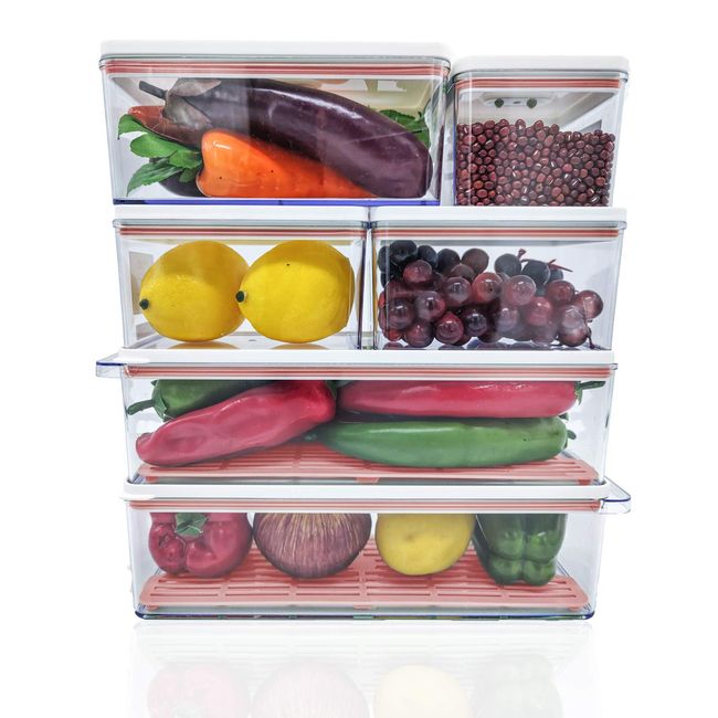 MineSign 6Pack Plastic Stackable Food Containers With Vented Lids And  Removable Drain Tray Refrigerator Produce Saver Organizer Bins For Fridge
