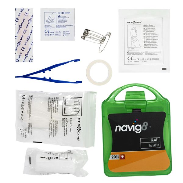 navig8 Travel First Aid Kit — Compact Emergency Medical Supplies for Travelling, Cars, Holidays, Camping and Workplace