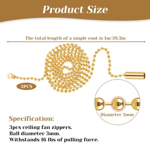 3 Pack Pull Chain String Extension Gold Ceiling Fan Pull Chain Stainless Steel Switch Chain Extender Beaded Ball Light Pulls Extension Chains with Connector(1 Meter Length)
