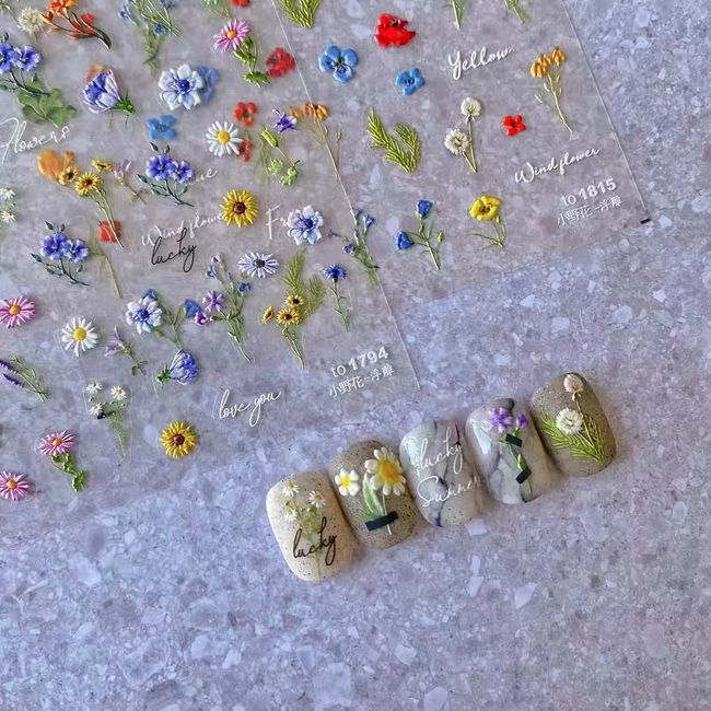 Embossed Sunflower Nail Art Sticker Small Daisy Little Wild Flower Nail Art Sticker Self-Adhesive Spring Summer Red Yellow Blue White Flower Nail Art Sticker Decal Design Nail Art Decoration for Women Girls Children (2 Sheets) + Multifunctional Nail Tweez