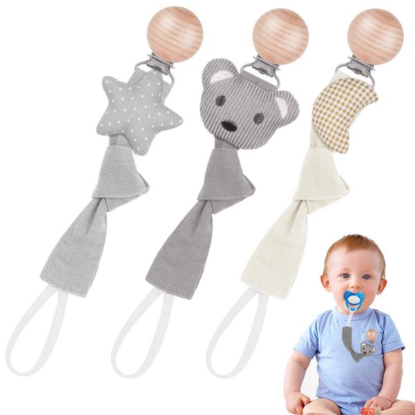 Vicloon Schnullerkette Baumwolle,3 Stück Schnullerkette Baby for Mädchen und Jungs,Baby Schnullerkette Clip Geschenk zum Baby -Bär