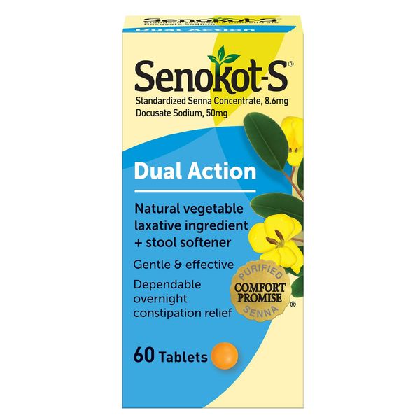 Senokot-S Dual Action 60 Tablets Natural Vegetable Laxative Ingredient Plus S...