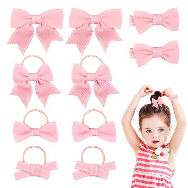 Bekecidi 10 Pieces Bow Hair Accessories Set Bow Hairpin Bow Hair Clips Bows Rubber Band for Girls Kids (Pink)