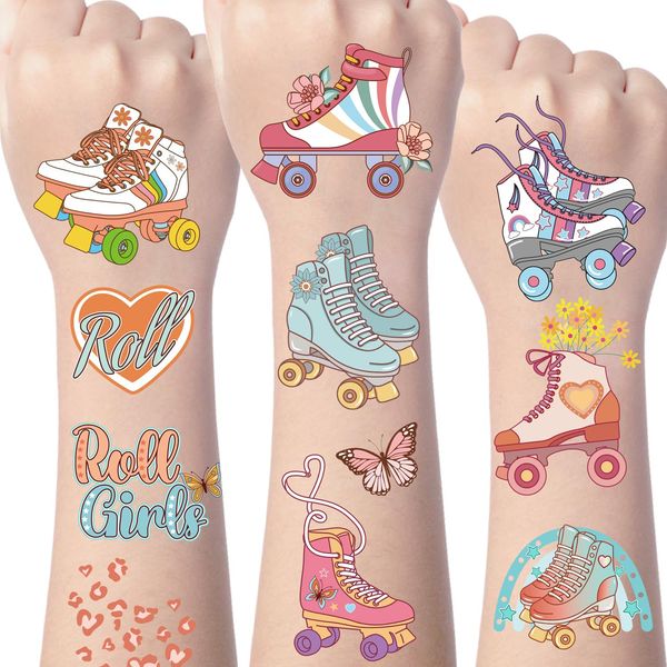 Gameza Roller Skate Temporary Tattoos - 200+ Roller Skating Party Favors Decorations Boho Groovy Roller Skate Birthday Party Gifts Favors Retro 70s Roller Skate Roll Girls Temporary Tattoos Stickers