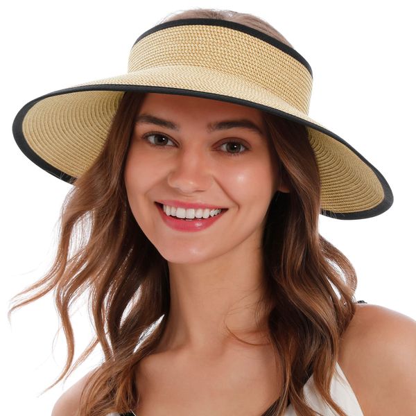 Womens Beach Hat Visors for Women Foldable Visor Women Sun Hat Beach Hats for Women Straw Hat Wide Brim Hats for Women Sun Visors,Beige/Brown/Black