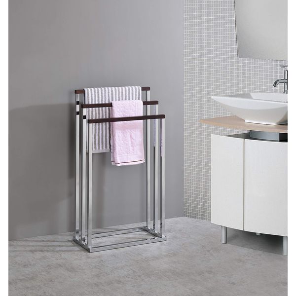 Kings Brand Furniture - Chrome Metal/Walnut Wood Freestanding Towel Rack Stand