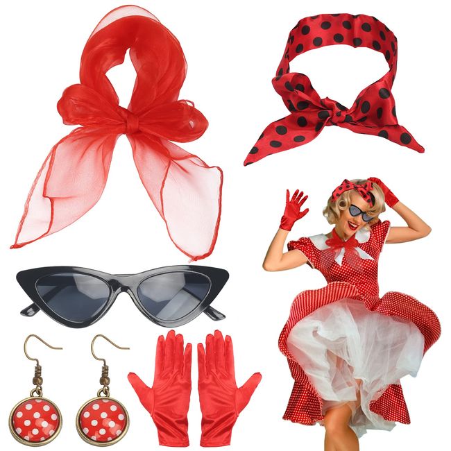 HAMOOM 5PCS 50s Fancy Dress Retro Accessories Set French Women Costume Accessories Kit 1950s Polka Dot Bandana Tie Headband Earrings Scarf Cat Eye Glasses Gloves