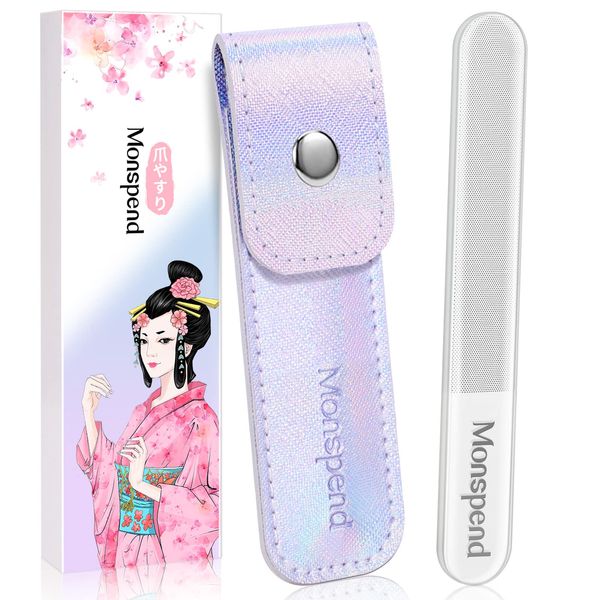 Monspend Nail File, Glass, Shiny Nail Polish, Luxurious, Popular, Washable Nail Sharpener, Nail Sharpener, Nail Polish, Nail Care, Nail Shiner, Shiny Leather Cover Packaging (Round - Nail File)