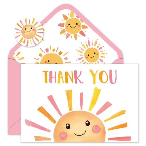 Whaline 24 Pack Sunshine Thank You Cards Pink Orange Cartoon Sun Note Card with Envelopes Stickers Cute Greeting Blank Card for Birthday Baby Shower