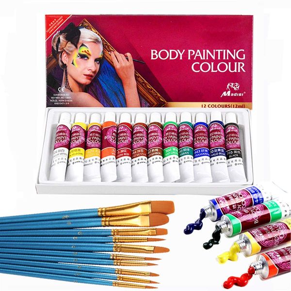 Face Paint Kit,12 Colors Professional Face Painting Tubes, Non-Toxic & Hypoallergenic Body Paint Halloween Makeup, Rich Pigment, Face Painting Kits with 9Pieces Round Pointed Tip Nylon Hair Brush