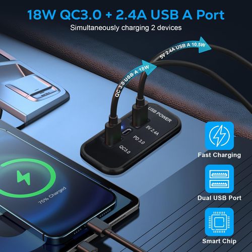 Linkstyle 3 Ports 12V USB Socket, PD3.0 Type C, QC3.0 USB 2.4A USB A Charging Socket, Car Power Fast Charging Adapter for Car Marine