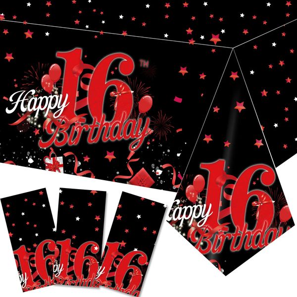 KEWEYA 3 Pcs Happy 16th Birthday Tablecloth Decorations for Boy Girl Black Red 16 Birthday Theme Table Cover Party Supplies 16 Years Old Birthday Plastic Disposable Rectangular Table Cloth