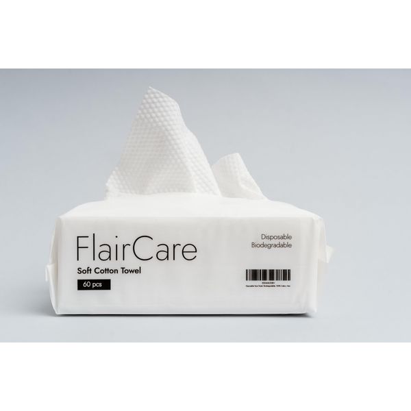 FlairCare Disposable Face Towel, 60 Ultra Soft and Firm Cotton Towel for Sensitive Skin, Biodegradable, 100% Cotton,