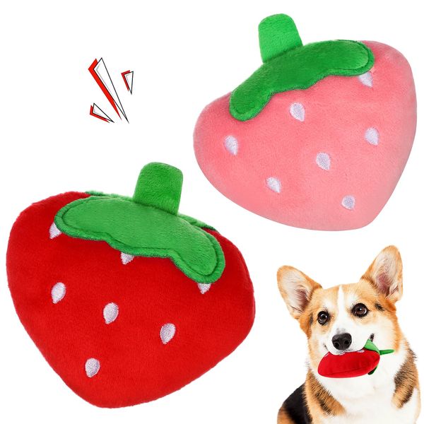 POPETPOP Squeaky Strawberry Dog Toy: 2Pcs Puppy Teething Toys Cute Dog Toy Squeaky Plush Dog Toys Dog Squeak Toys Interactive Dog Toys Dog Chew Toy for Small Medium Dogs