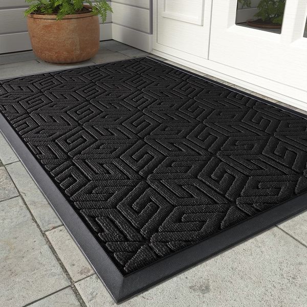 Yimobra Durable Front Door Mat, Heavy Duty Welcome Outdoor Indoor Entrance Floor Matt, Non Slip Rubber Backing, Easy Clean Shoe Scraper, Waterproof, Patio, Lawn, Garage, 17x29.5 Inch, Black