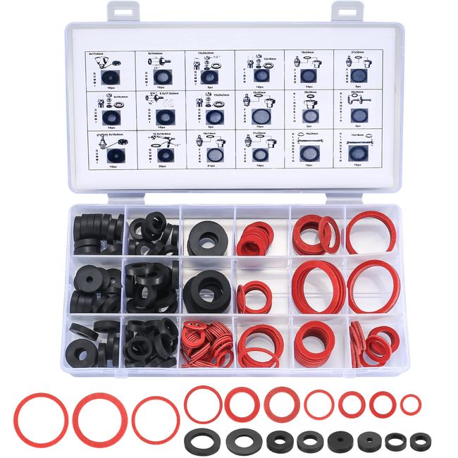 202 Stk Dichtungsringe Set, O-Ringe, Gummi Dichtringe, 18 Größen Flachdichtung Scheiben Ringe Dichtungen Dichtungsset für Schläuche, Sanitär, Wasserhähne - Schwarz/Rot