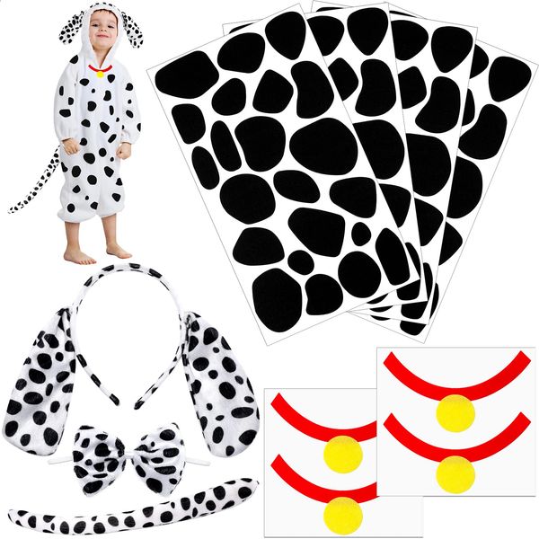 Oudain Dalmatian Costume Set Ear Headband Bow Tie Tail 4 Sheets Adhesive Felt Circles Felt Pads 4 Spotty Dog Bells Felt Pad Accessories Set for Costumes 100 Days of School Party Cosplay