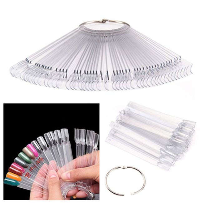 Nail Swatches Pinkiou 1 Set Total 50 Tips Plastic Nail Swatches Clear Sticks Nail Art Supplies for Nail Art Polish Display and Home DIY, Transparent with Metal Screw Split Ring