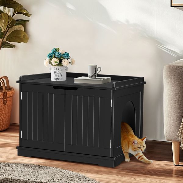 Wooden Cat Litter Box Furniture Pet Cat Washroom Storage Cabinet Bench Black