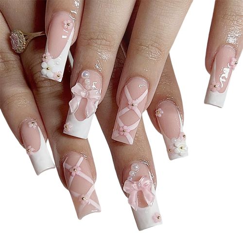 24 Pezzi Unghie Finte Quadrate Francesi, Unghie Finte a Pressione Rosa Nudo, Unghie Artificiali Francesi con Colla, Manicure Artificiali Lucide a Copertura Totale, Press-on Nails per Donne e Ragazze