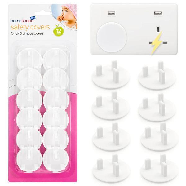 HOMESHOPA Plug Socket Covers UK, 12 Pack White Child Safety Electrical Outlet Socket Protectors, Tight Grip Baby Proofing UK Socket Caps, Perfect for Children Safety at Home and School