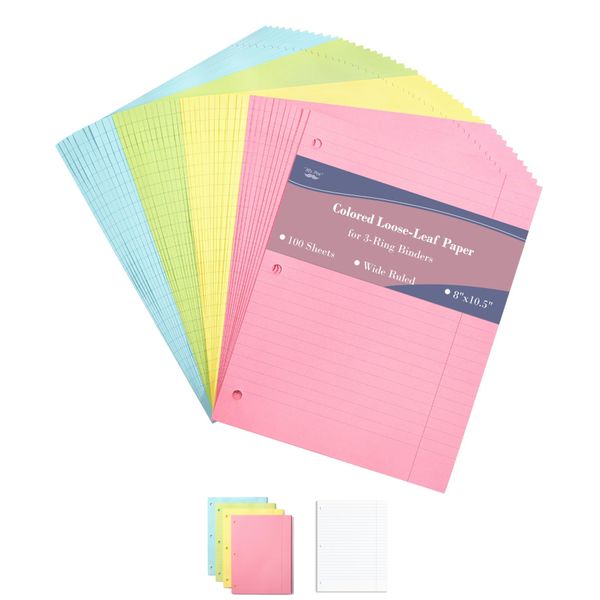 Mr. Pen- Colored Loose Leaf Paper Wide Ruled, 100 Sheets, 8” x 10.5”, 3- Hole Punched, Notebook Paper, Lined Paper, Binder Paper, Writing Paper, Filler Paper, Wide Ruled Notebook Paper