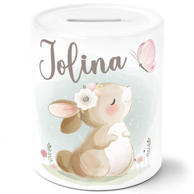 SpecialMe® Kinder Spardose mit Name Tiermotive Bär, Hase, Fuchs personalisierte Geschenke Mädchen Jungen Sparschwein Hase weiß Spardose