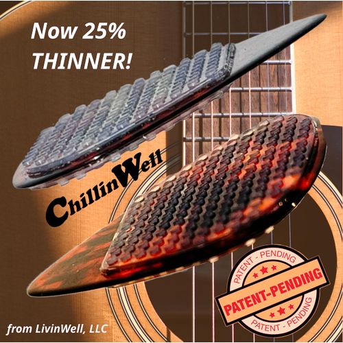 ChillinWell Guitar Pick Grips 16 pc Large Grippy not Sticky Durable Reusable Soft Stick-On 25% THINNER vs original LivinWell Trimmable Silicone