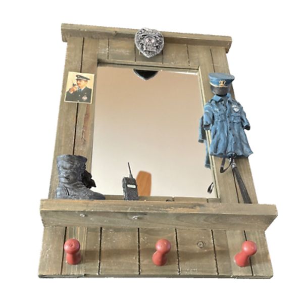 Rustic 3 Coat Hook Rack Mirror Combo Police Officer Theme Hanging Wall Home Deco