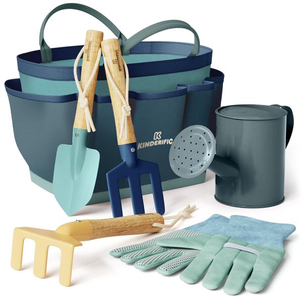 Kinderific Gardening Set, Tool Kit, for Kids, STEM, Includes Tote Bag, Spade, Watering Can, Rake, Fork, Trowel and Gloves (Blue)