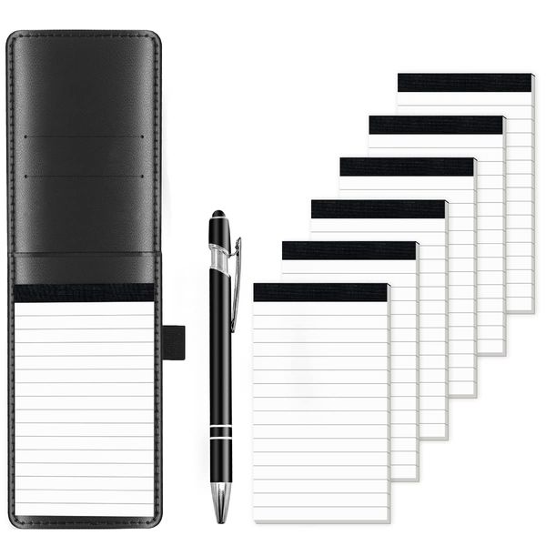 8 Pcs Mini Pocket Notepad A7 Holder Set, Small Notepad Pen Holder with 30 Lined Sheets, Leather Mini Pocket Notebook with 6 Notepad Memo Book Refills with 30 Lined Paper Per Note Pad and 1Pc Metal Pen