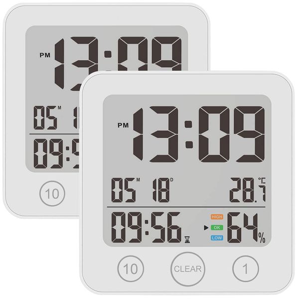 infactory Badezimmeruhr zum Hängen: 2er-Set Badezimmer-Uhr, Thermo-/Hygrometer, LCD, Saugnapf, Timer, IP54 (Badezimmeruhr mit Thermometer, mit Hygrometer, wasserdicht)