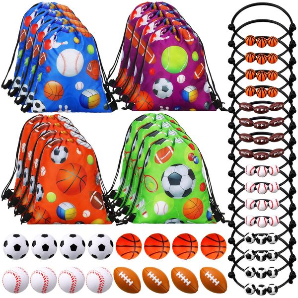 Panelee 16 Sets Sports Party Favors Supplies Include 16 Pcs Balls Drawstring Bags String Backpack 16pcs Sport Theme Charm Bracelets 16 Pcs Mini Foam Sports Balls for Sports Birthday Party Supplies