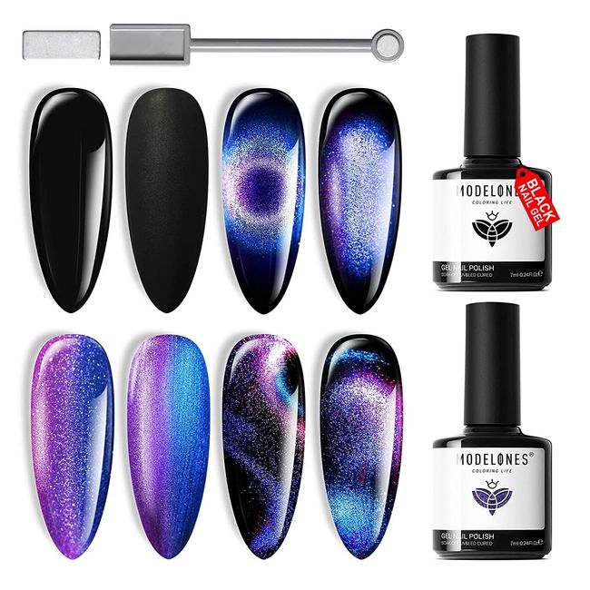 Modelones Color Gel, Nail Color Gel Set, Cat's Eye Gel, Magnetic Gel, Black 2 Color Kit, with Magnet, 0.2 fl oz (7 ml)