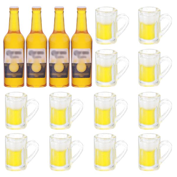 16 Pcs Miniature Dollhouse Beer Bottle Cups Set, Mini Mugs with Beer Bottles Realistic Beer Glass Model Dollhouse Drink Set Dolls House Accessories Decor for Pretend Play DIY Drink Bottles