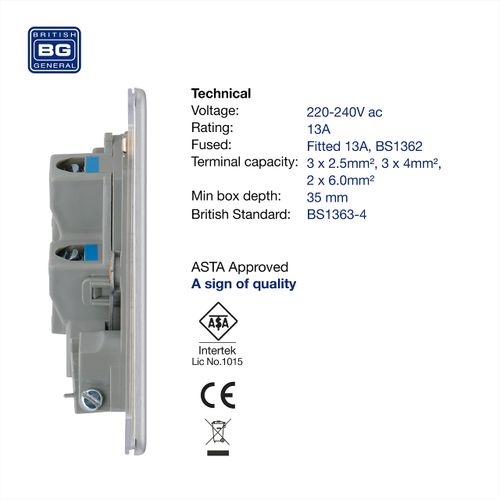 BG Electrical FBS55-01 Screwless Flat Plate Fused Connection Unit with Cable Outlet, Brushed Steel, 13 Amp, 8.6 cm*2.33 cm*8.6 cm