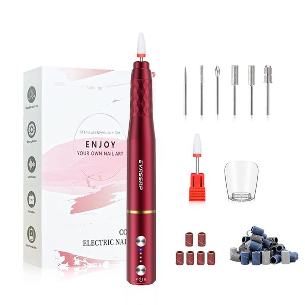 EVASSAP Cordless Electric Nail Drill Set, Portable Rechargeable Electric Nail Drill Machine, Excellent Home Use Manicure Pedicure Tool for Acrylic Gel Nail and Nature Nail(Red)