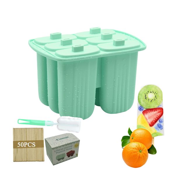 Ice Lolly Moulds with Sticks,6 Pieces Silicone Popsicle Moulds,Homemade Ice Pop Moulds Reusable Easy Remove DIY Lolly Moulds for Kids Frozen Popsicle(Green)