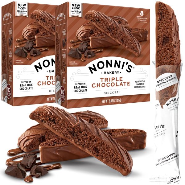 Nonni's Triple Chocolate Biscotti Italian Cookies - 2 Boxes Triple Chocolate Italian Biscotti Cookies w/Dark Chocolate - Biscotti Individually Wrapped Cookies - Kosher Chocolate Coffee Cookie 6.88 oz