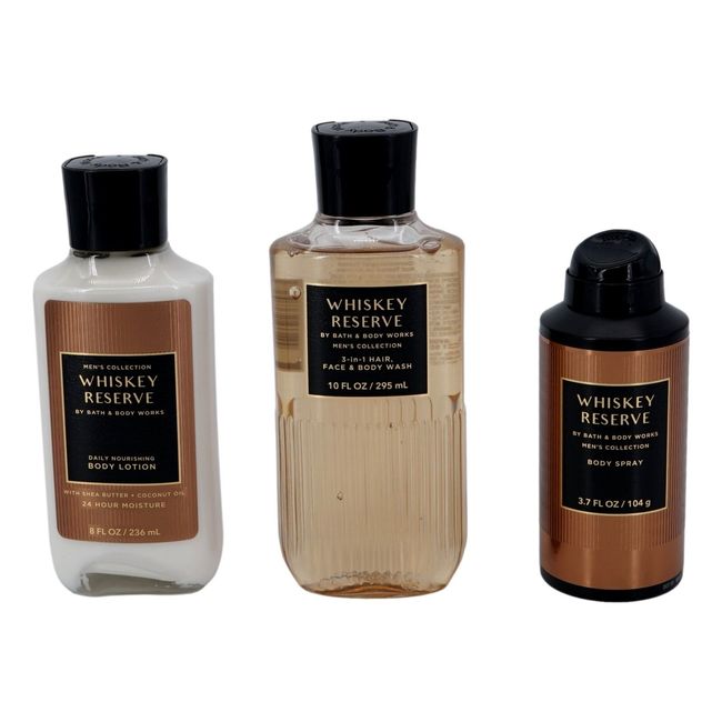 Whiskey Reserve Men's Collection Set (3 Pack) Body Lotion, 3-in-1 Hair, Face