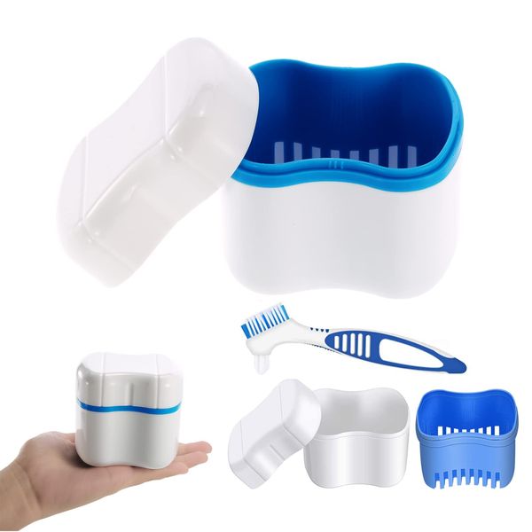 Denture Bath Case with Denture Cleaner Brush Denture Toothbrush, Denture Cup Denture Box Bath Denture Container with Basket Denture Holder Denture Brush Retainer for Travel Retainer Cleaning (Blue)