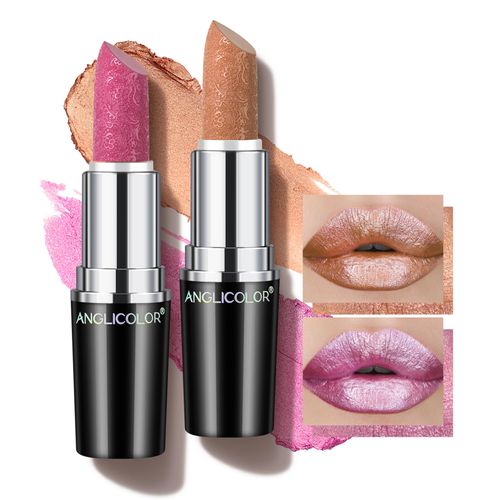 Anglicolor Metallic Glitter Lipstick,Pink Lipstick Highly Pigmented,Glitter lipstick Long-Lasting Moisturising,Velvety smooth application,Creamy sculpted design lipstick (#10+#15, 8g)