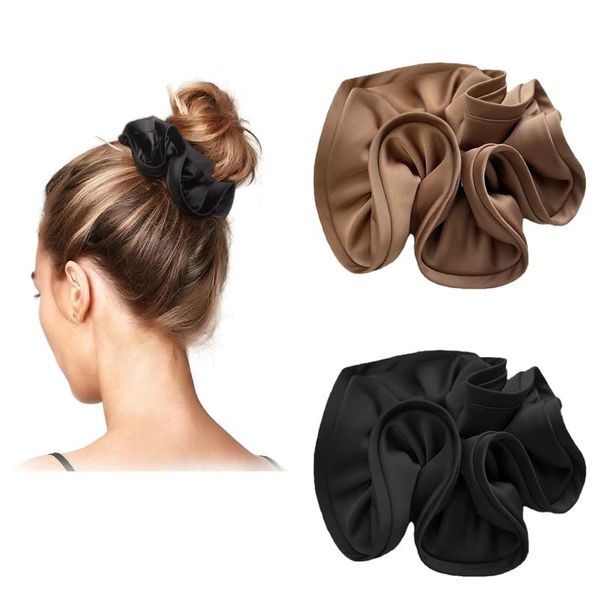 FAMIDIQGO 2PCS Big Satin Silk Black Golden Hair Scrunchies for Women with Thick Hair,Flower-like Hair Ties