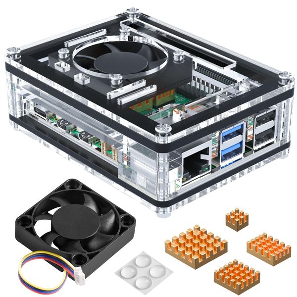 Miuzei Case for Raspberry Pi 5 with Fan Cooling and 4 Pcs Copper Heatsinks Clear Case for Pi 5B Model B 8GB/4GB Compatible with Active Cooler (No Pi Board)